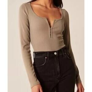 Abercrombie & Fitch Ribbed Henley Bodysuit Hook & Eye Medium Brown Quiet Luxury